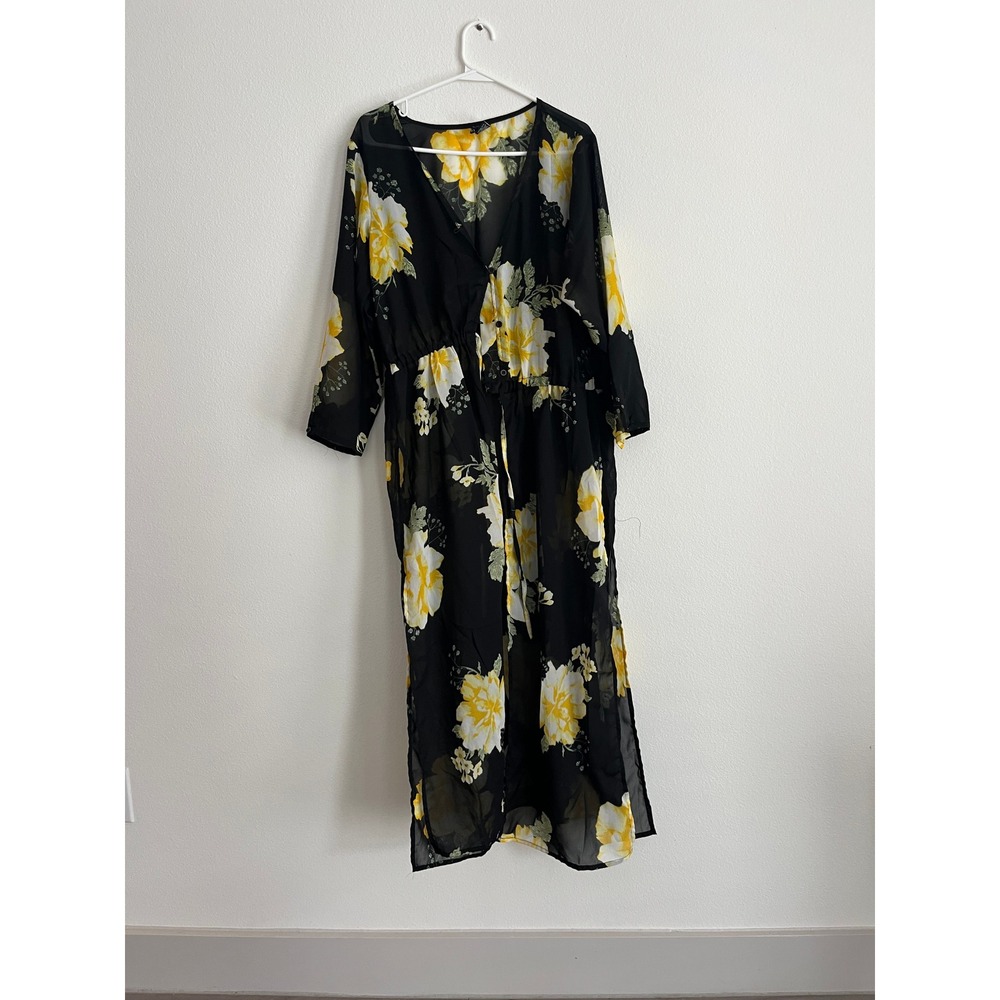 Love Ari Floral Maxi Duster Cardigan Black Yellow Sheer Chiffon Plus Size 1X